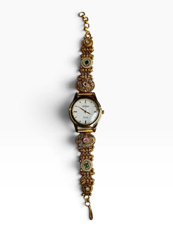 Gold with White Dial, Green, Red, and Pink Accents Pearl Ethnic Wrist Watch for Women - view 2