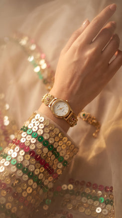 Gold with White Dial, Green, Red, and Pink Accents Pearl Ethnic Wrist Watch product photo, Cunei India