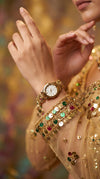 Gold with White Dial, Green, Red, and Pink Accents Pearl Ethnic Wrist Watch detail, Cunei India