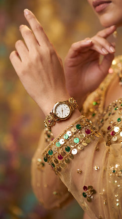 Gold with White Dial, Green, Red, and Pink Accents Pearl Ethnic Wrist Watch detail, Cunei India