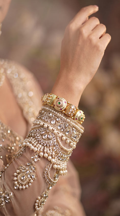 Gold, White, Green, and Red Circular Meenakari Motif Kundan Ethnic Kada Bangles for Women, Cunei India