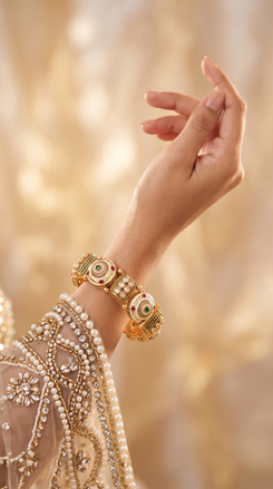 Gold, White, Green, and Red Circular Meenakari Motif Kundan Ethnic Kada Bangles product photo, Cunei India