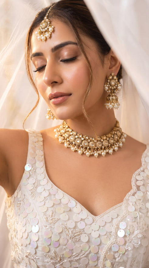 Gold and White Kundan Pearl Drop Necklace Set, Cunei India