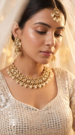 Gold and White Kundan Pearl Drop Necklace Set detail, Cunei India