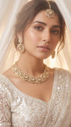 Gold and White Kundan Pearl Floral Clusters Necklace Set side view, Cunei India