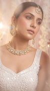 Gold and White Kundan Pearl Floral Clusters Necklace Set detail, Cunei India