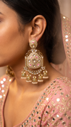 Gold, White, and Pink Kundan Ethnic Hanging Earrings side view, Cunei India