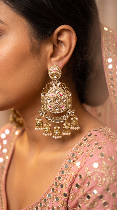 Gold, White, and Pink Kundan Ethnic Hanging Earrings side view, Cunei India