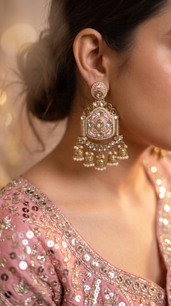 Gold, White, and Pink Kundan Ethnic Hanging Earrings detail, Cunei India