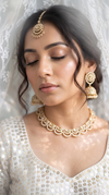 Gold and White Three Piece Scalloped CZ Pearl Drops Necklace Set
