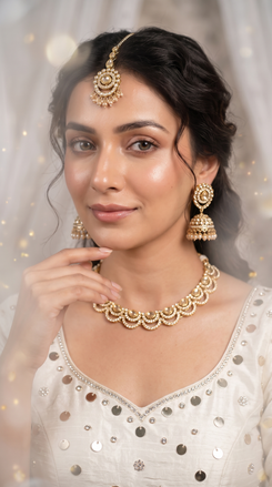 Gold and White Three Piece Scalloped CZ Pearl Drops Necklace Set - view 2