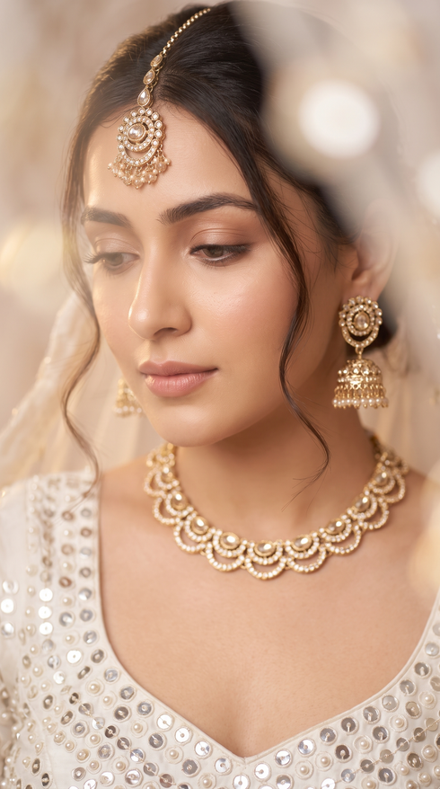 Gold and White Three Piece Scalloped CZ Pearl Drops Necklace Set - view 3