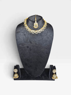 Gold and White Three Piece Scalloped CZ Pearl Drops Necklace Set - view 4