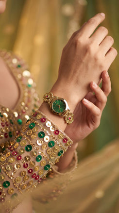 Green Dial with Red and White Accents Cz Floral Wrist Watch detail, Cunei India