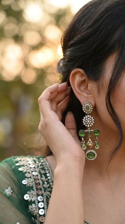 Green Floral Diamond Dangling Earrings side view, Cunei India