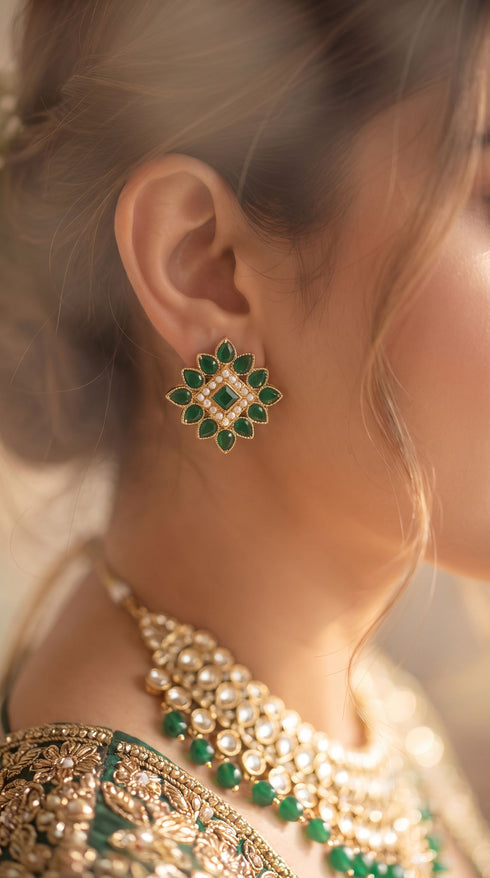 Green Kundan Stud Earrings for Women