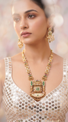 Green Pink and White Rectangular Pendant Meenakari Necklace Set - view 2