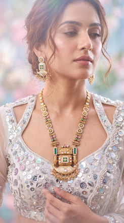 Green Pink and White Rectangular Pendant Meenakari Necklace Set - view 3