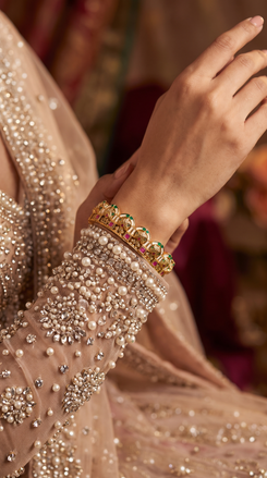 Green and Red Floral Kundan Pearl Studded Ethnic Kada Bangles product photo, Cunei India