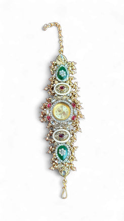 Green and Red Floral Motif CZ Pearl Watch for Women, product photo, Cunei India