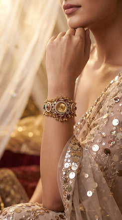 Green and Red Floral Motif CZ Pearl Watch for Women, detail, Cunei India