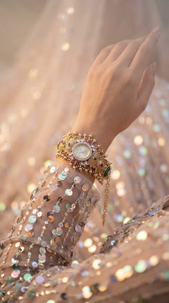 Green and Red Kundan Studded CZ Watch for Women, product photo, Cunei India