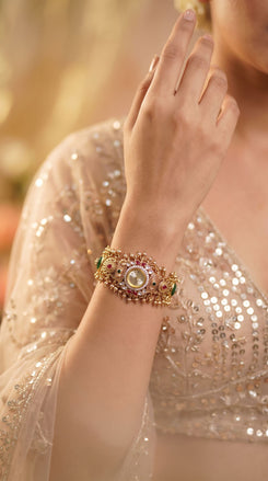 Green and Red Kundan Studded CZ Watch for Women, detail, Cunei India