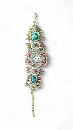 Green and Red Kundan Studded Pearl CZ Watch for Women, side view, Cunei India