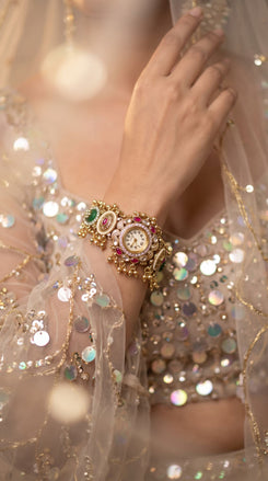 Green and Red Kundan Studded Pearl CZ Watch for Women, product photo, Cunei India