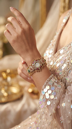 Green and Red Kundan Studded Pearl Enamel Watch for Women, product photo, Cunei India