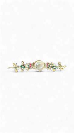 Imperial Green and Red Meenakari Floral Band Pearl Watch, side view, Cunei India