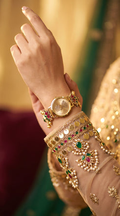 Imperial Green and Red Meenakari Floral Band Pearl Watch, product photo, Cunei India
