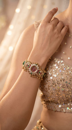 Green and Red Multi Stone Studded CZ Watch for Women, side view, Cunei India