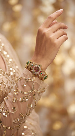 Green and Red Multi Stone Studded CZ Watch for Women, detail, Cunei India