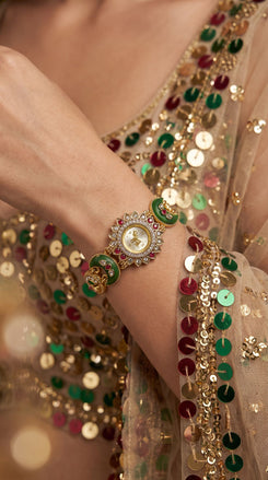Green and Red Cz Ethnic Bracelet Watch side view, Cunei India