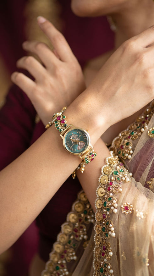 Imperial Green and Red Peacock Motif Enamel Pearl Watch, for women, Cunei India