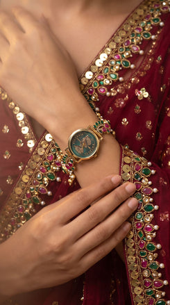 Imperial Green and Red Peacock Motif Enamel Pearl Watch, product photo, Cunei India