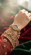 Imperial Green and Red Peacock Motif Enamel Pearl Watch, detail, Cunei India