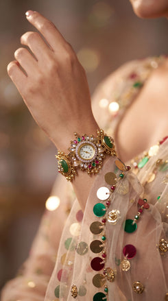 Green, Red, and White Cz Ethnic Bracelet Watch detail, Cunei India