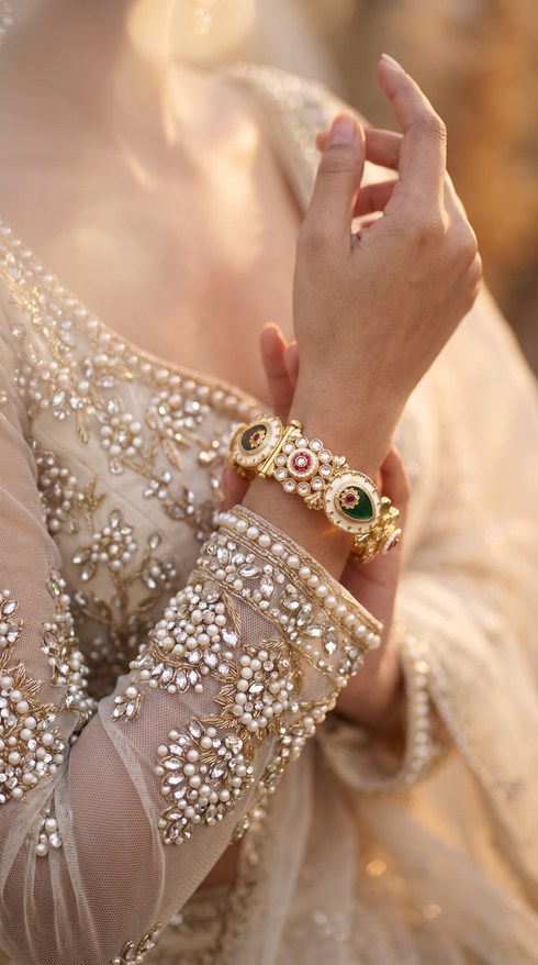 Green, Red, and White Floral Motif Kundan Ethnic Kada Bangles for Women, Cunei India