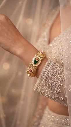 Green, Red, and White Floral Motif Kundan Ethnic Kada Bangles side view, Cunei India