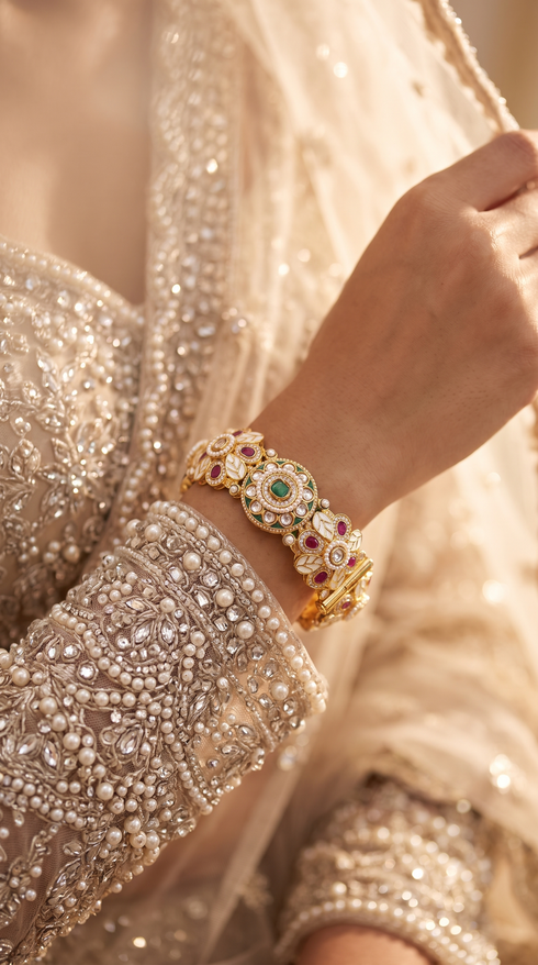 Green, Red, and White Floral Motif Enamel Kundan Ethnic Kada Bangles for Women, Cunei India
