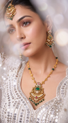 Green Red and White Three Piece Floral Motif Pendant With Pearl Drops Necklace Set