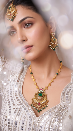 Green Red and White Three Piece Floral Motif Pendant With Pearl Drops Necklace Set