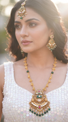 Green Red and White Three Piece Floral Motif Pendant With Pearl Drops Necklace Set - view 2