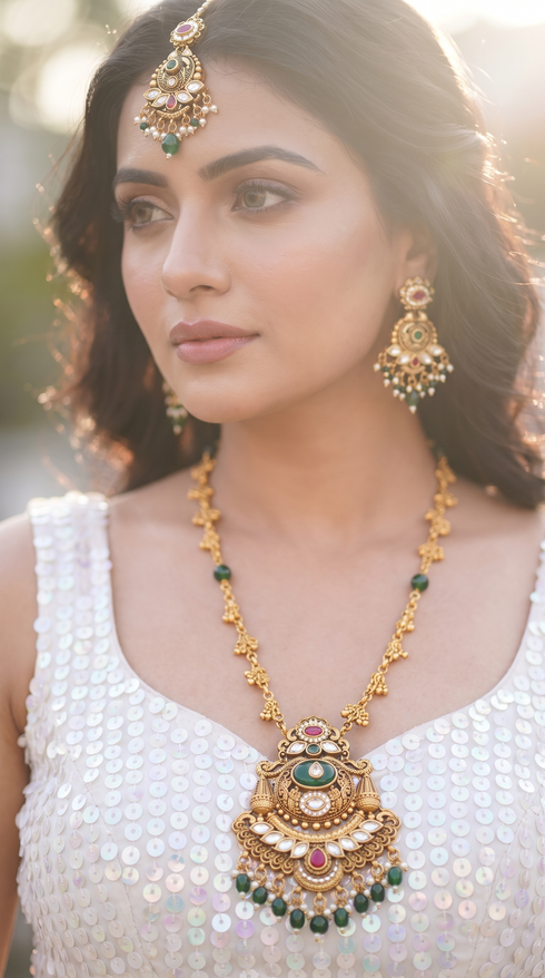 Green Red and White Three Piece Floral Motif Pendant With Pearl Drops Necklace Set - view 2