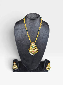 Green Red and White Three Piece Floral Motif Pendant With Pearl Drops Necklace Set - view 4