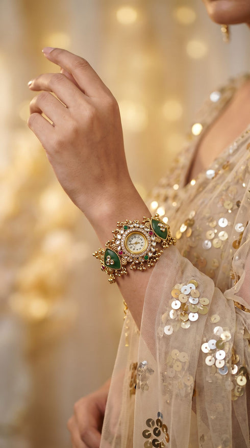 Green, Red and White Kundan Studded CZ Watch for Women, for women, Cunei India