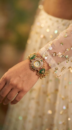 Green, Red and White Kundan Studded CZ Watch for Women, product photo, Cunei India