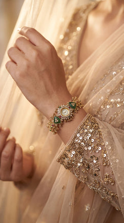 Green, Red and White Kundan Studded CZ Watch for Women, detail, Cunei India